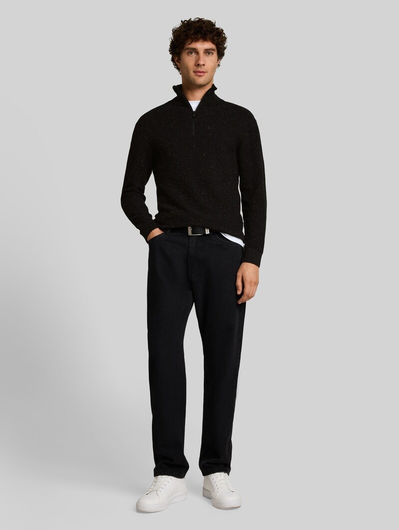 Tom Tailor Troyer Strickpullover aus Baumwolle - Black Multicolor Nep