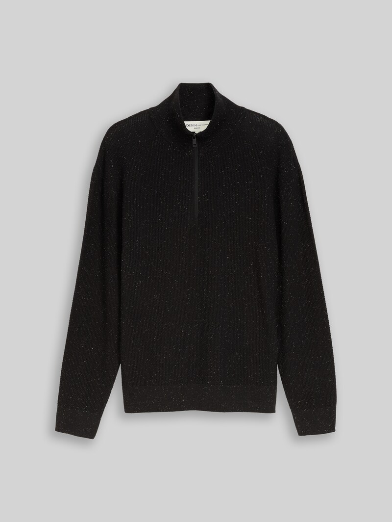 Tom Tailor Troyer Strickpullover aus Baumwolle - Black Multicolor Nep