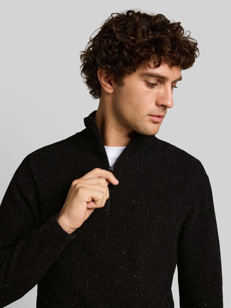 Tom Tailor Troyer Strickpullover aus Baumwolle - Black Multicolor Nep