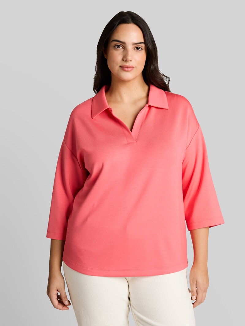 Tom Tailor Plus Size - Loose Fit Scuba Langarmshirt mit Polokragen - Soft Coral Pink Tom Tailor Plus Size - Loose Fit Scuba Langarmshirt mit Polokragen - Soft Coral Pink