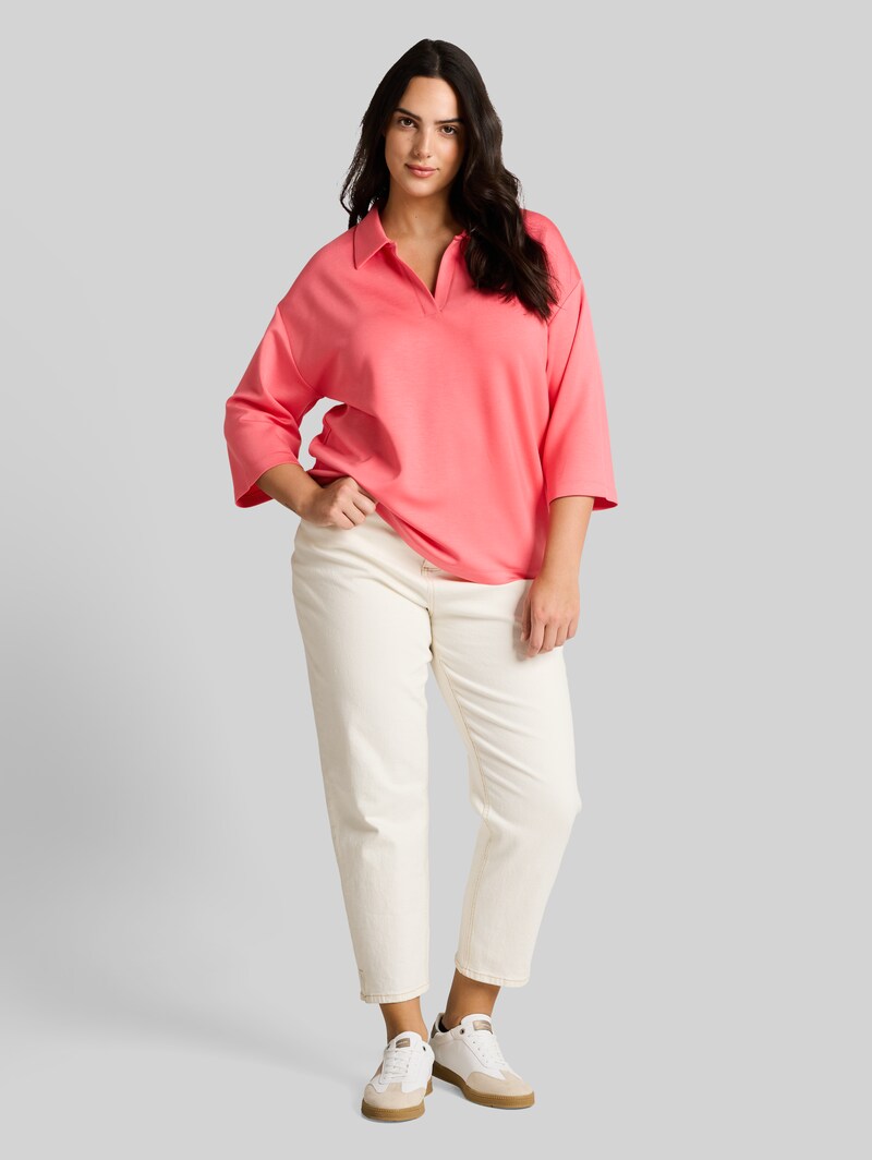 Tom Tailor Plus Size - Loose Fit Scuba Langarmshirt mit Polokragen - Soft Coral Pink