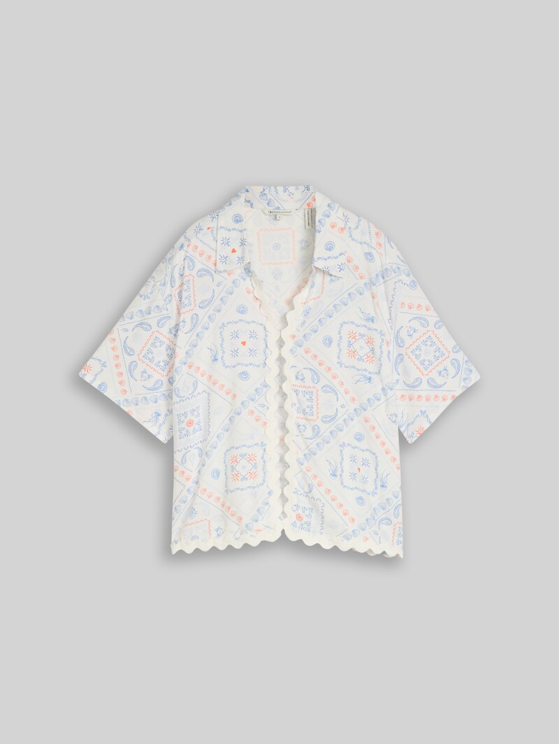 Tom Tailor Boxy Fit Bluse mit Leinenanteil - White Blue Coral Paisley Print