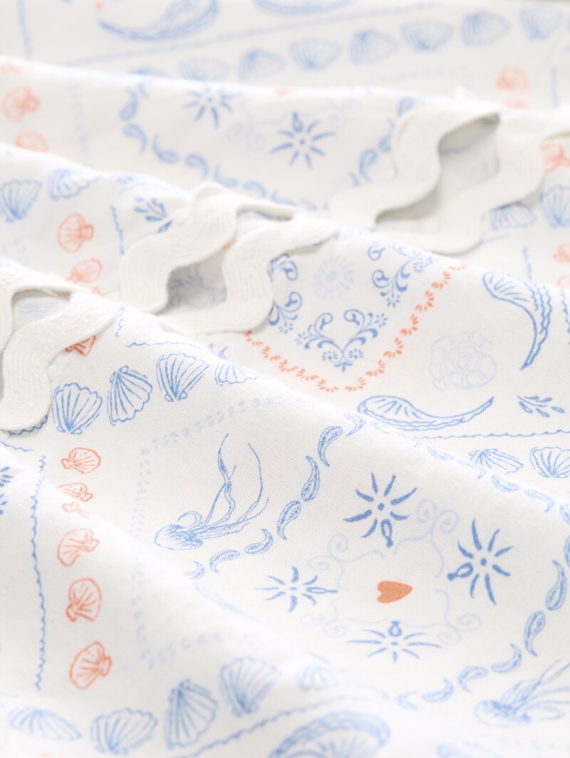 Tom Tailor Boxy Fit Bluse mit Leinenanteil - White Blue Coral Paisley Print