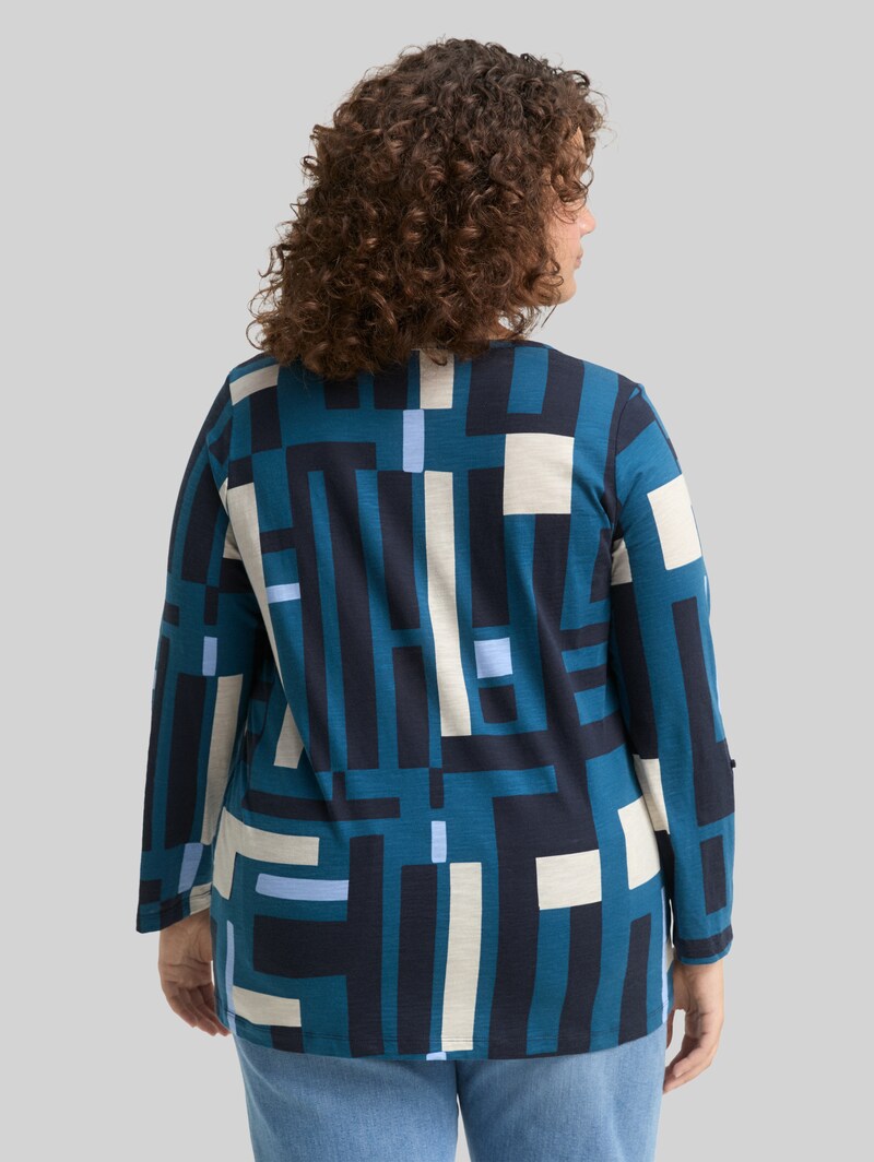 Tom Tailor Plus Size - Henley Blusenshirt mit Muster - Teal Geometric Design
