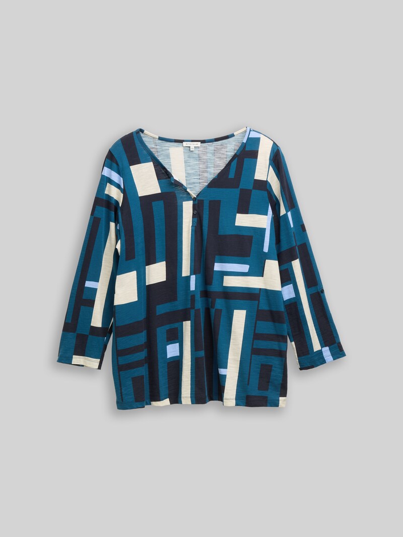 Tom Tailor Plus Size - Henley Blusenshirt mit Muster - Teal Geometric Design