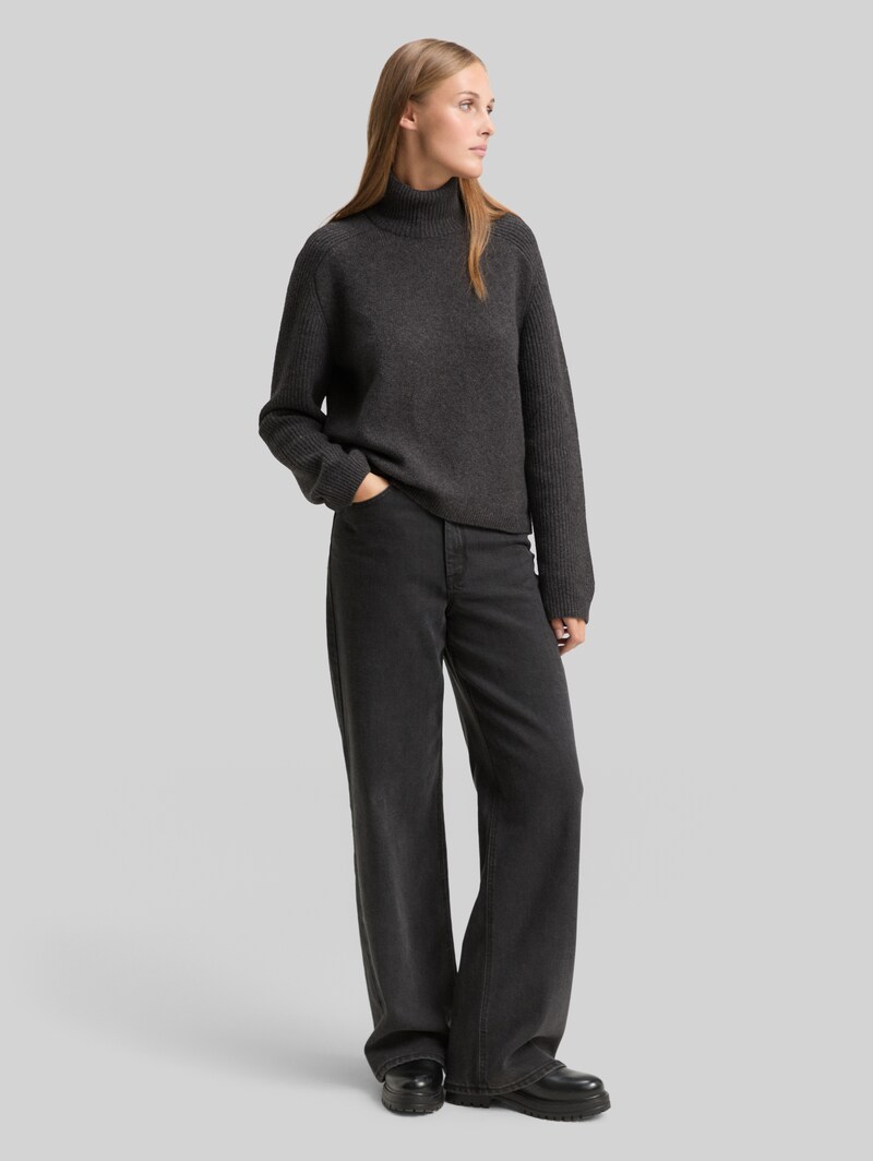 Tom Tailor Relaxed Fit Strickpullover mit Stehkragen - Shale Grey Melange