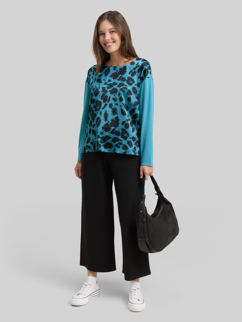 Tom Tailor Loose Fit Langarmshirt mit Leo-Print - Petrol Black Big Leo Print