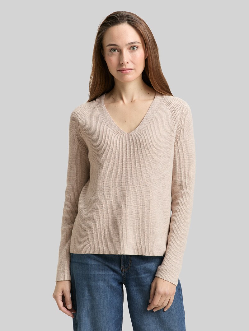 Tom Tailor Strickpullover mit V-Ausschnitt - Dusty Alabaster Melange Tom Tailor Strickpullover mit V-Ausschnitt - Dusty Alabaster Melange