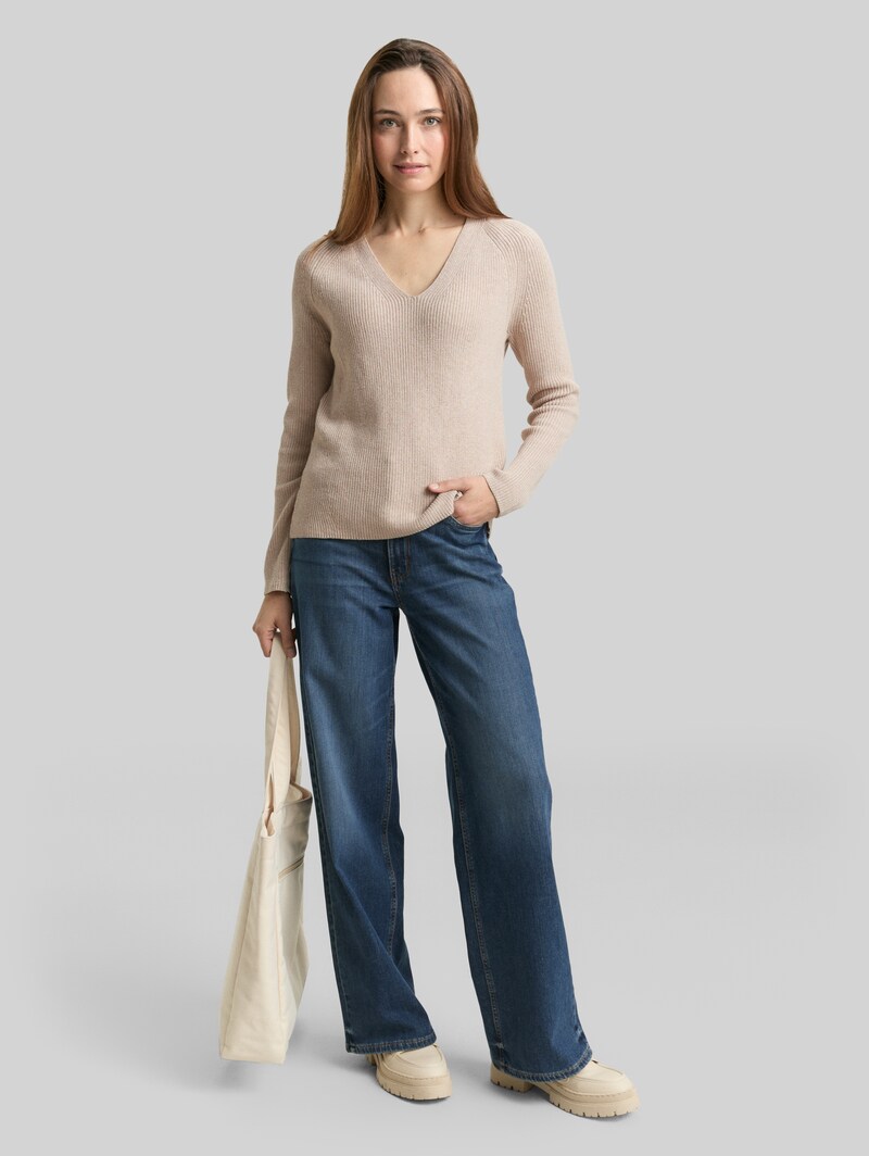 Tom Tailor Strickpullover mit V-Ausschnitt - Dusty Alabaster Melange