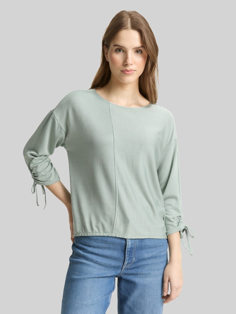 Tom Tailor Loose Fit Langarmshirt mit Raffärmeln - Small Tonal Matchagreen Stripe Tom Tailor Loose Fit Langarmshirt mit Raffärmeln - Small Tonal Matchagreen Stripe