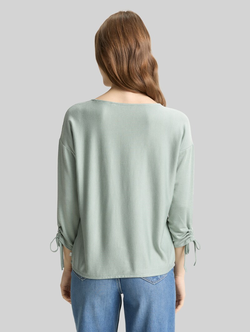 Tom Tailor Loose Fit Langarmshirt mit Raffärmeln - Small Tonal Matchagreen Stripe
