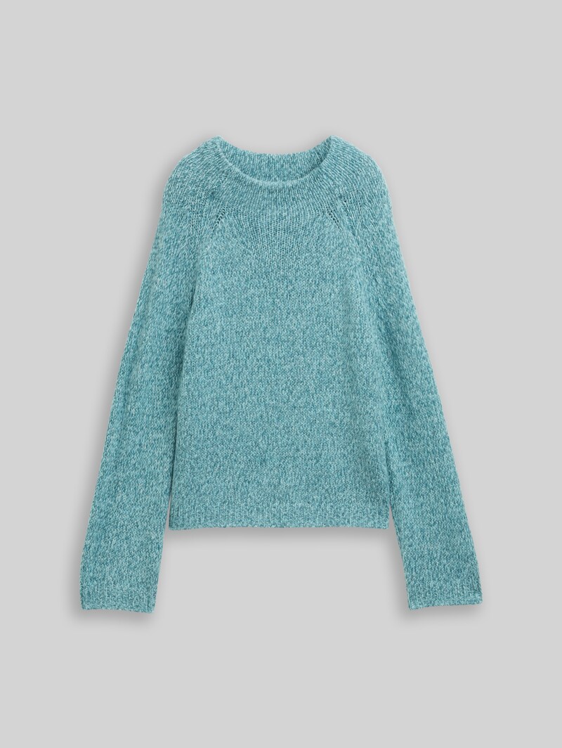 Tom Tailor Loose Fit Strickpullover mit Wollanteil - Teal White Mouline