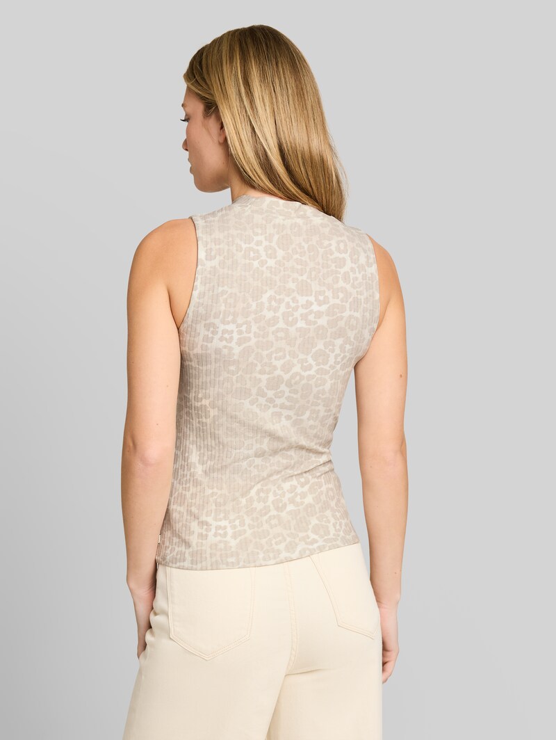 Tom Tailor Ripp Top mit Stehkragen - Beige Tonal Leo Print