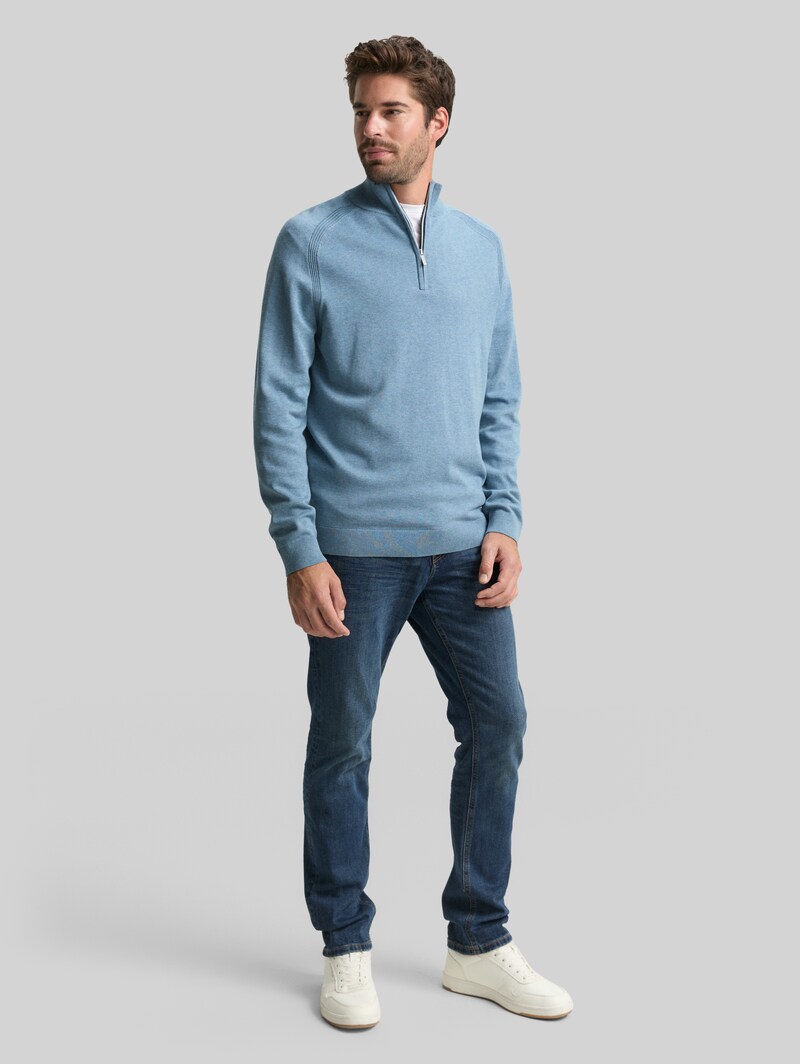 Tom Tailor Troyer Strickpullover mit Logo-Stickerei - Faded Blue Melange