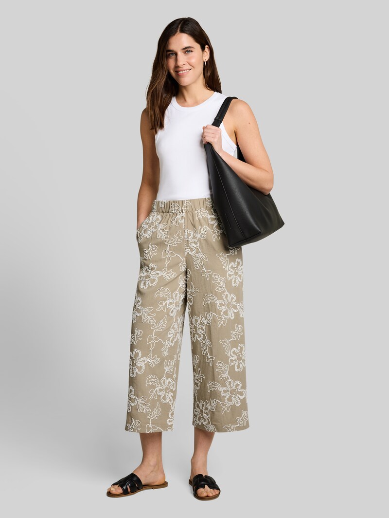 Tom Tailor Culotte Hose mit Blumen-Stickerei - Olive White Big Flower Design