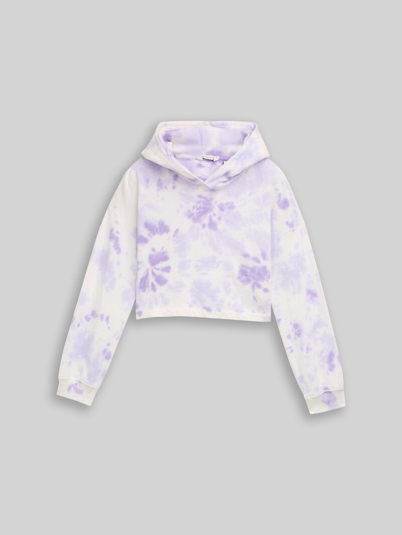 Tom Tailor Cropped Hoodie Sweatshirt mit Batikmuster - Purple Batik