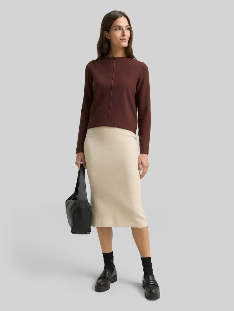Tom Tailor Cropped Strickpullover mit Stehkragen - Dark Pecan Brown Melange