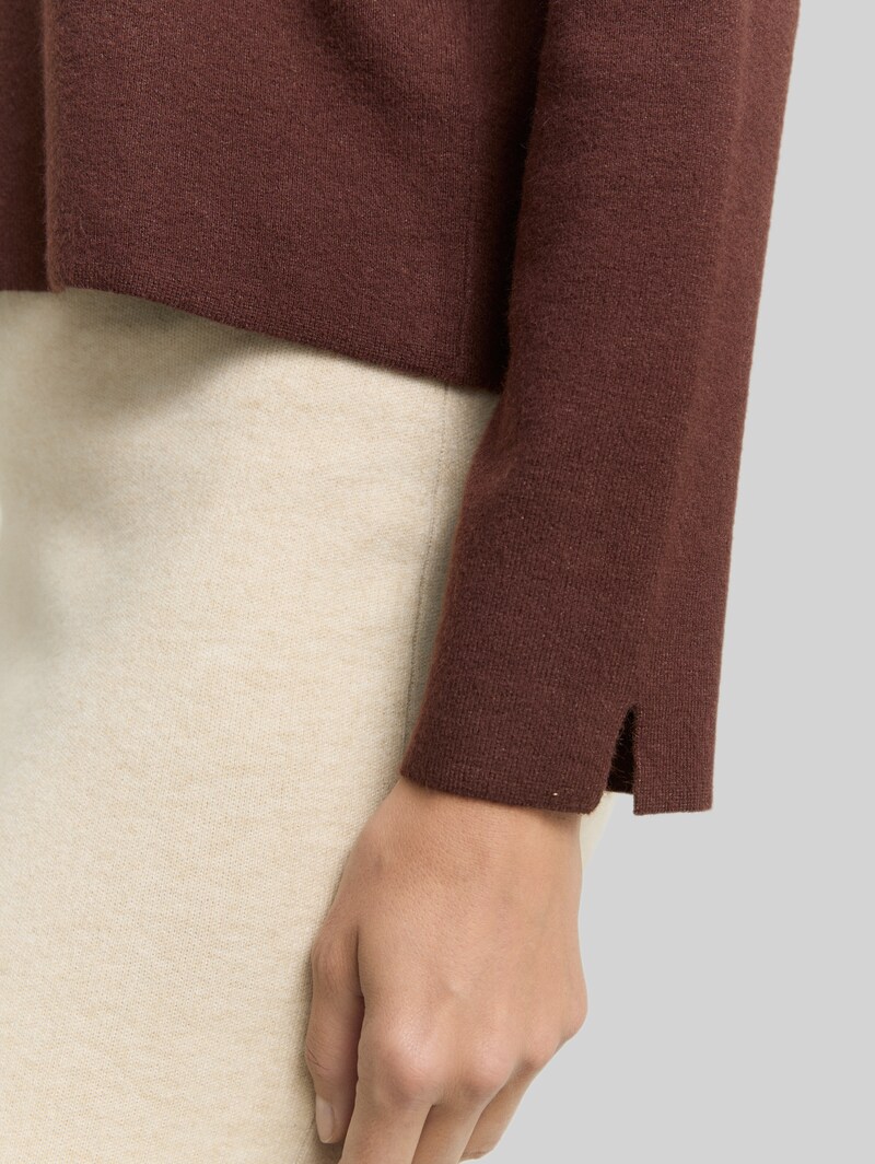 Tom Tailor Cropped Strickpullover mit Stehkragen - Dark Pecan Brown Melange