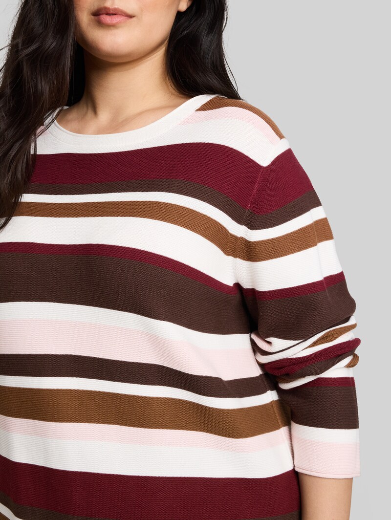 Tom Tailor Plus Size - Strickpullover aus Baumwolle - Camel Brown Red Stripe
