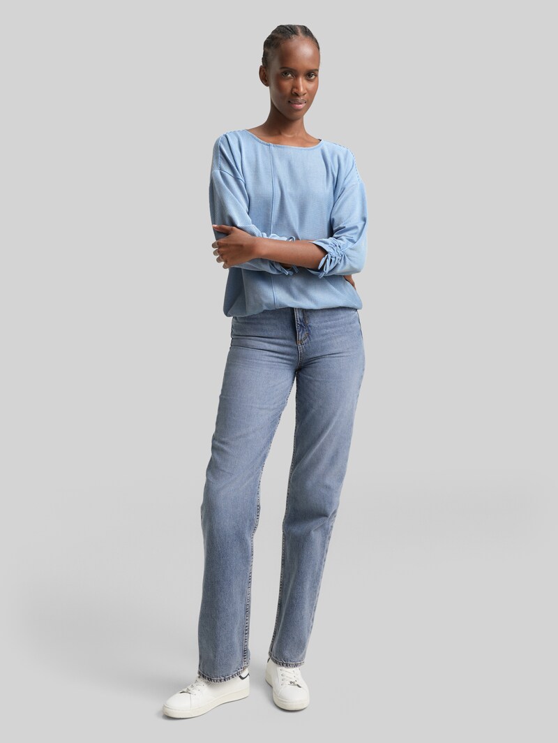 Tom Tailor Loose Fit Langarmshirt mit Raffärmeln - Small Mid Blue White Stripe