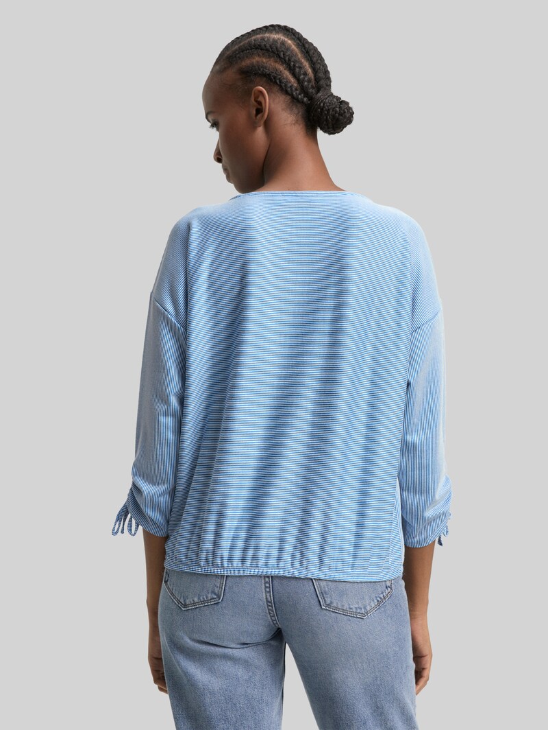Tom Tailor Loose Fit Langarmshirt mit Raffärmeln - Small Mid Blue White Stripe