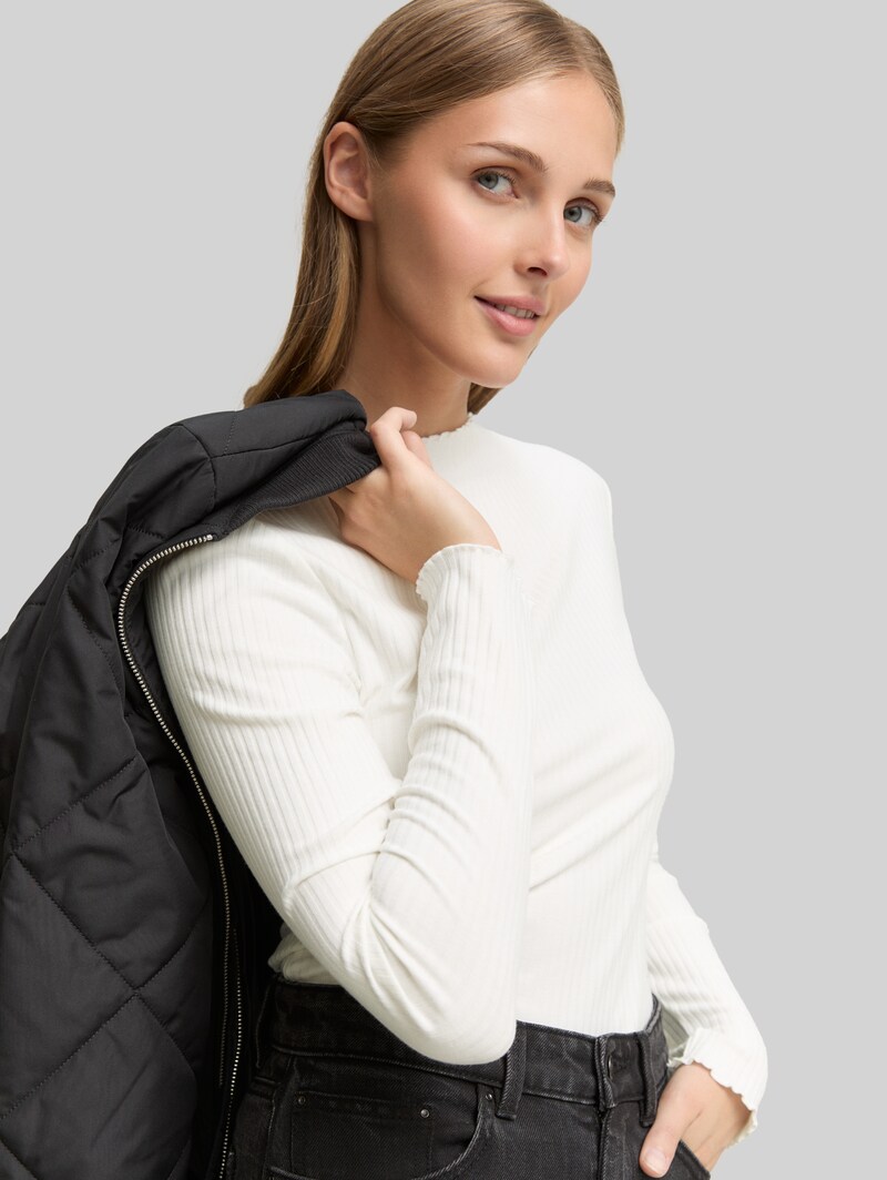 Tom Tailor Ripp Langarmshirt mit Stehkragen - Off White