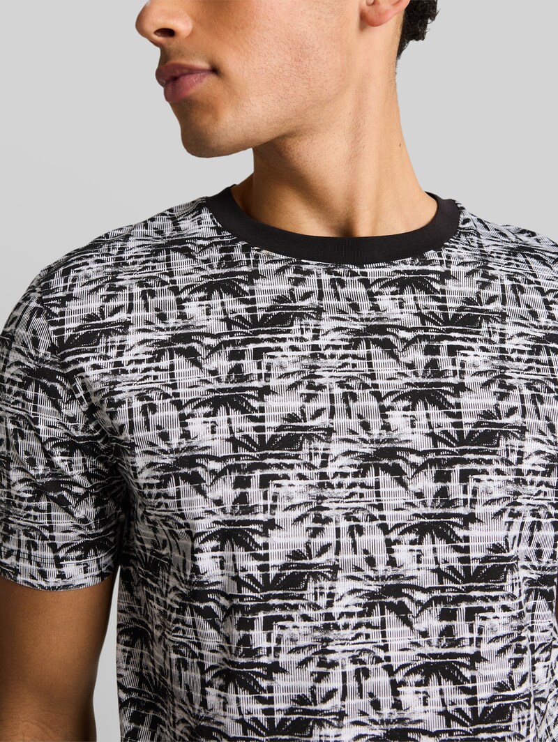 Tom Tailor T-Shirt mit Palmenprint - Black White Stripy Palm Print