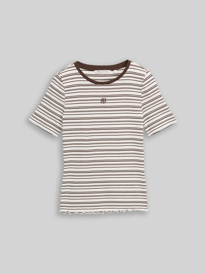 Tom Tailor Slim Fit T-Shirt mit Stickerei - White Brown Irregular Stripe