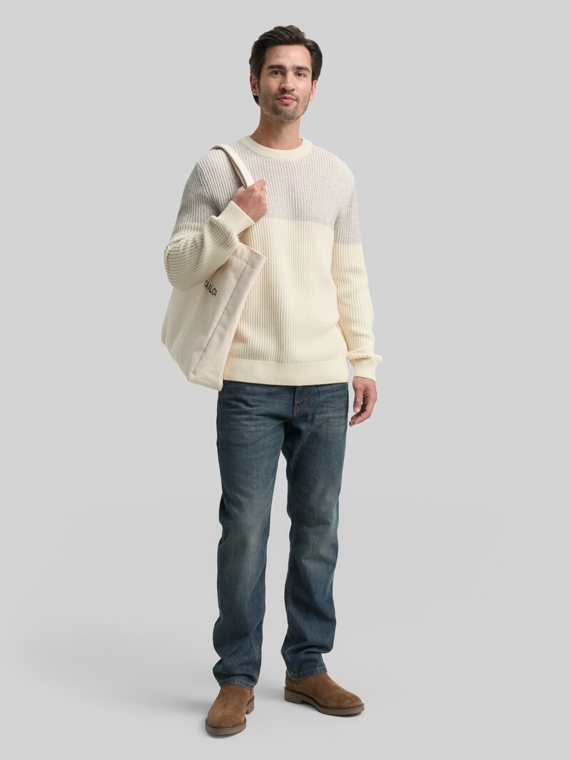 Tom Tailor Strickpullover mit Rundhalsausschnitt - Offwhite Grey Plated Mouline