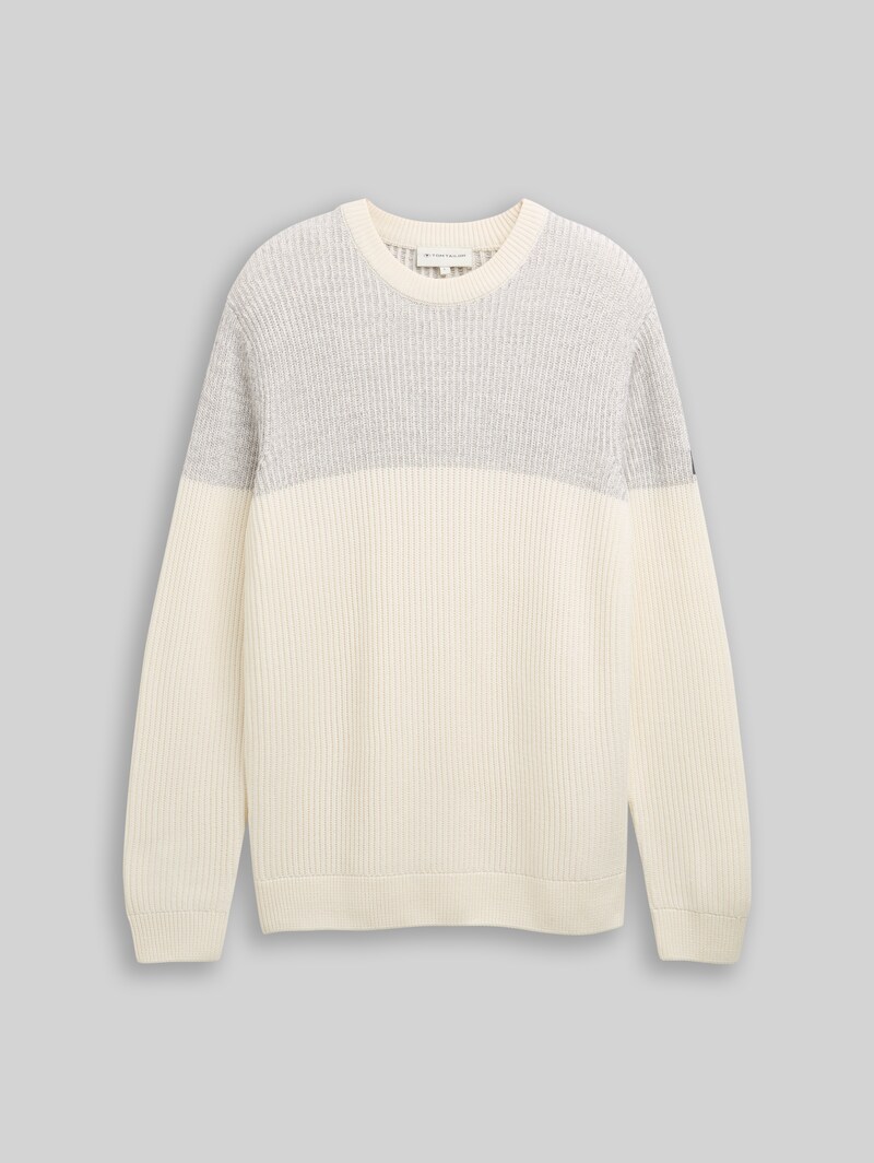 Tom Tailor Strickpullover mit Rundhalsausschnitt - Offwhite Grey Plated Mouline