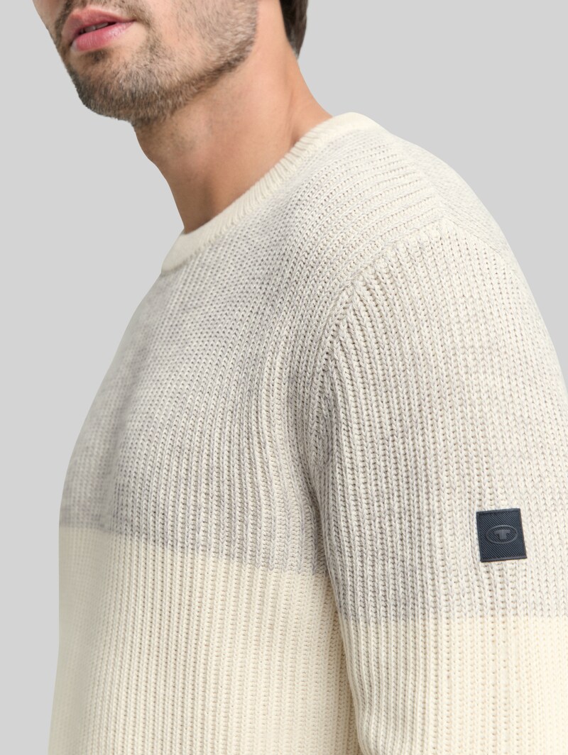 Tom Tailor Strickpullover mit Rundhalsausschnitt - Offwhite Grey Plated Mouline