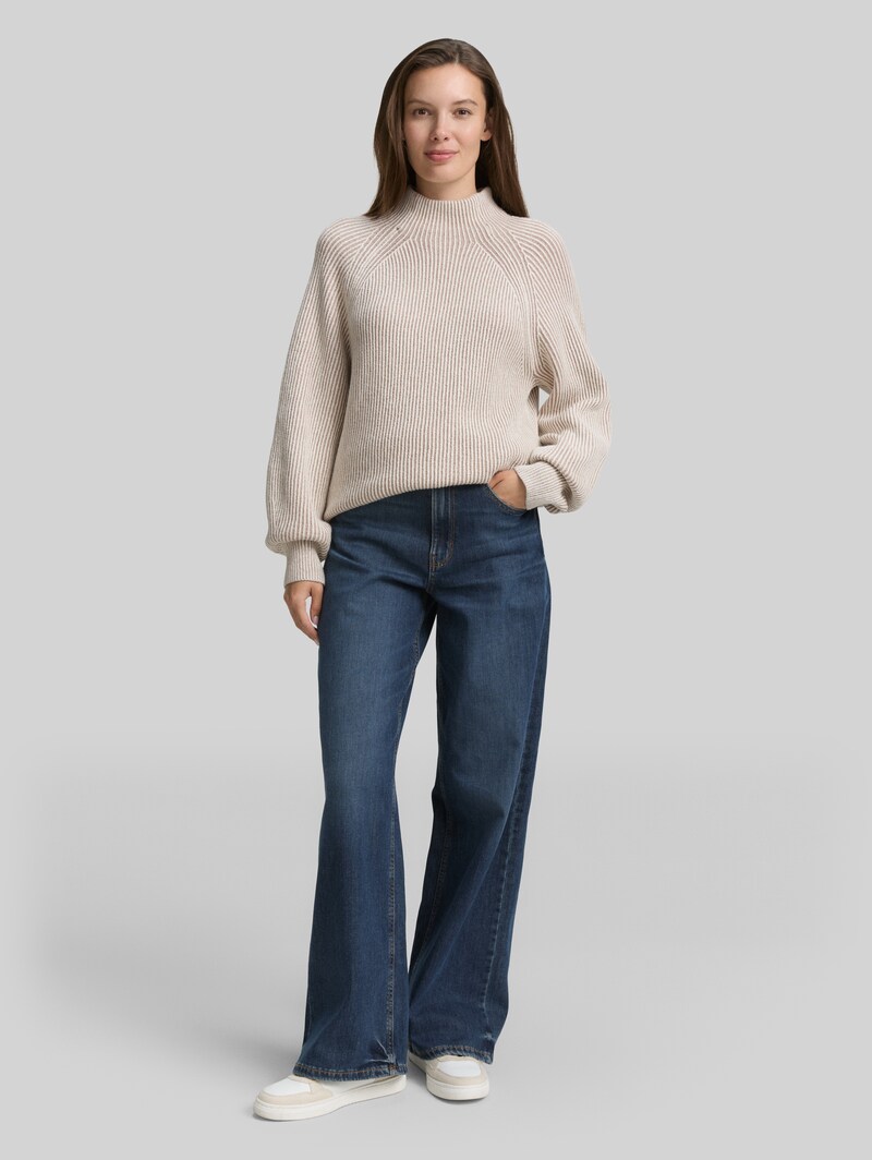 Tom Tailor Loose Fit Strickpullover mit Stehkragen - Soft Taupe Rib Structure