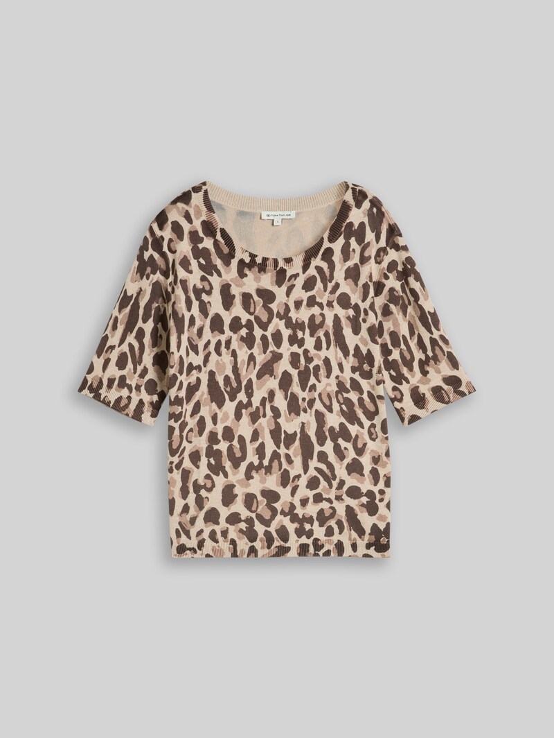 Tom Tailor Strickpullover mit Leo-Print - Gravel Beige Melange Leo