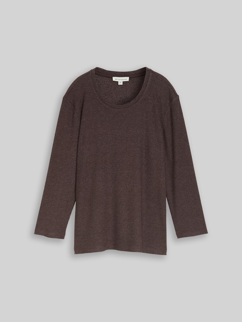 Tom Tailor Oversize Langarmshirt mit Rippstruktur - Java Dark Brown Melange