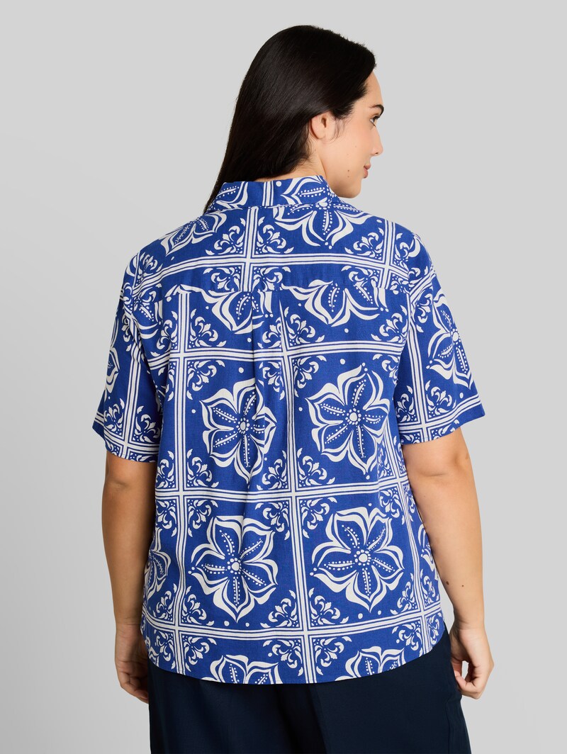 Tom Tailor Plus Size - Loose Fit Bluse mit Leinenanteil - Blue Flower Tile Design