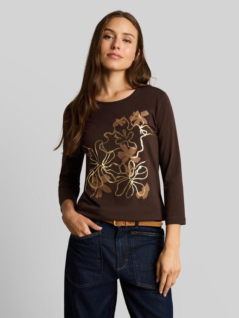 Tom Tailor Slim Fit Langarmshirt mit Blumen-Print - Java Dark Brown