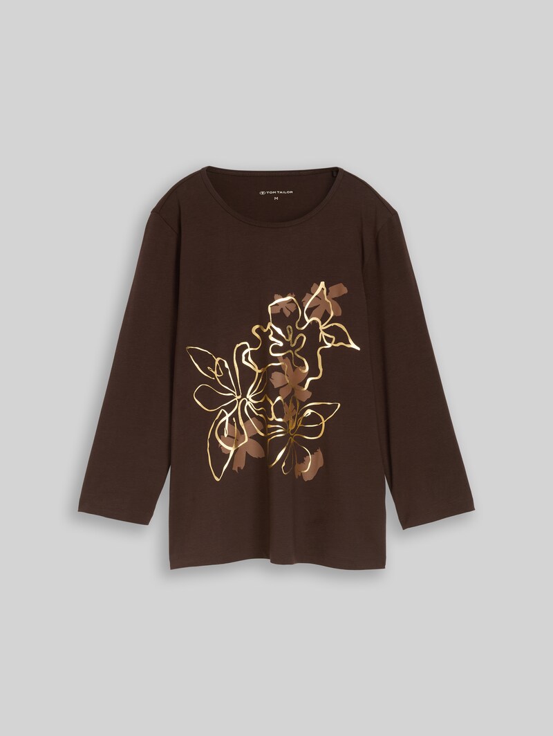 Tom Tailor Slim Fit Langarmshirt mit Blumen-Print - Java Dark Brown