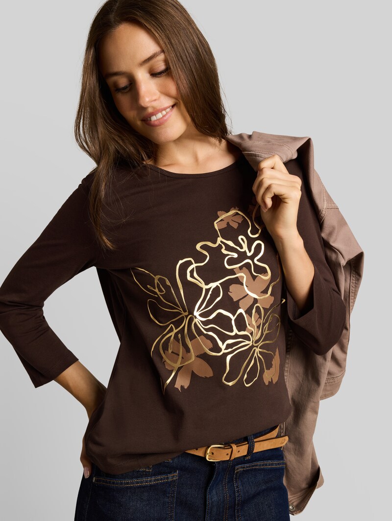 Tom Tailor Slim Fit Langarmshirt mit Blumen-Print - Java Dark Brown