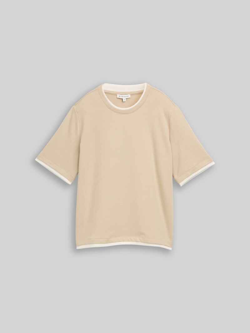 Tom Tailor Boxy Fit T-Shirt in 2-in-1 Optik - Gravel Beige Melange