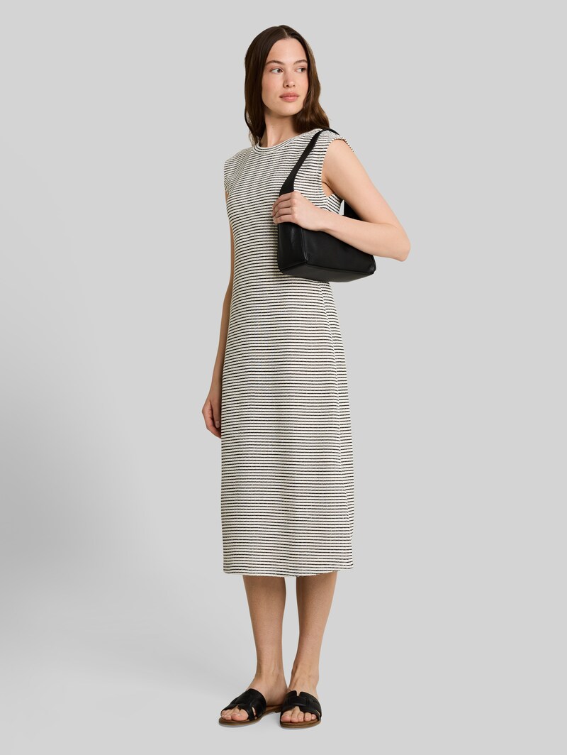 Tom Tailor Fitted Jacquard Midi-Kleid - White Black Knit Stripe