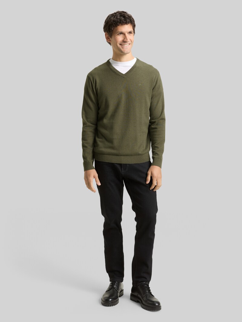 Tom Tailor Strickpullover mit V-Ausschnitt aus Baumwolle - Tea Leaf Melange