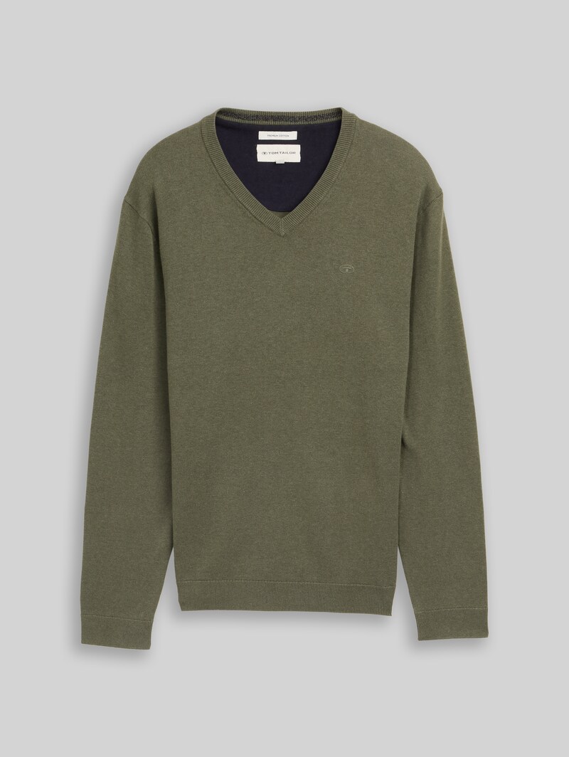Tom Tailor Strickpullover mit V-Ausschnitt aus Baumwolle - Tea Leaf Melange