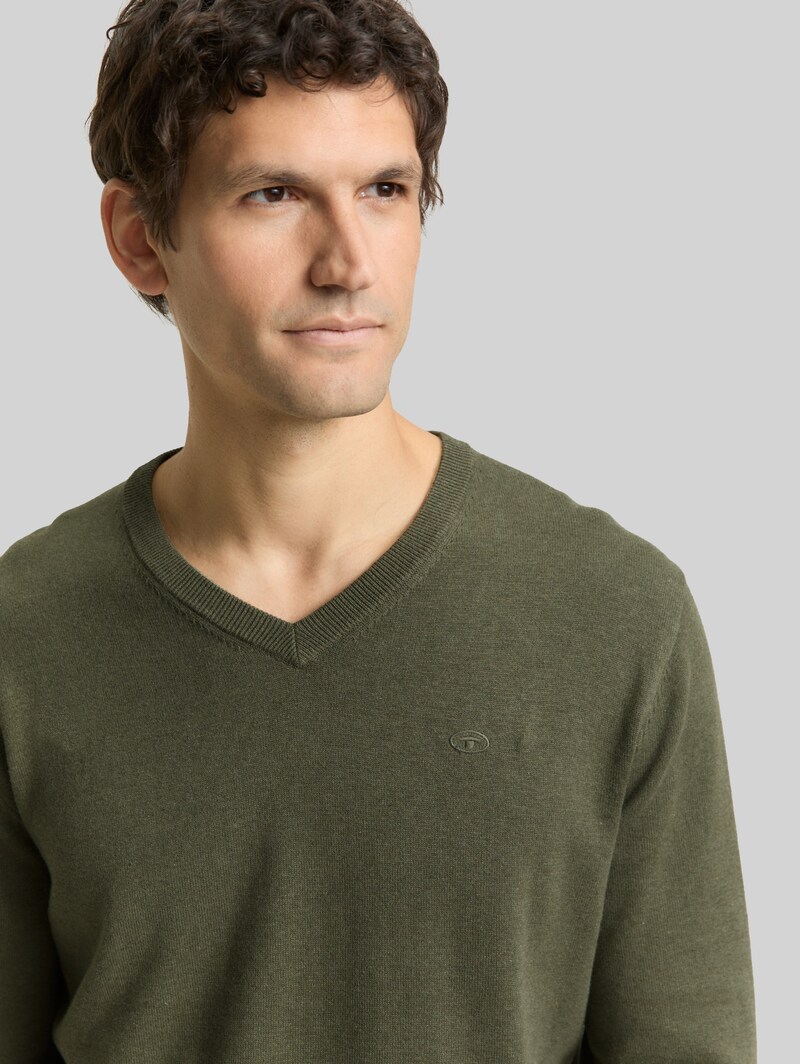 Tom Tailor Strickpullover mit V-Ausschnitt aus Baumwolle - Tea Leaf Melange