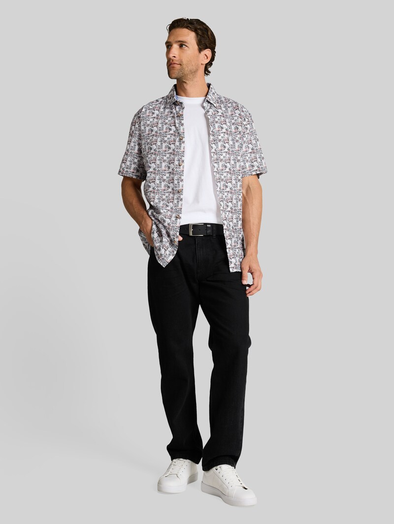 Tom Tailor Regular Fit Kurzarmhemd mit Leinenanteil - White Palm Tree Design