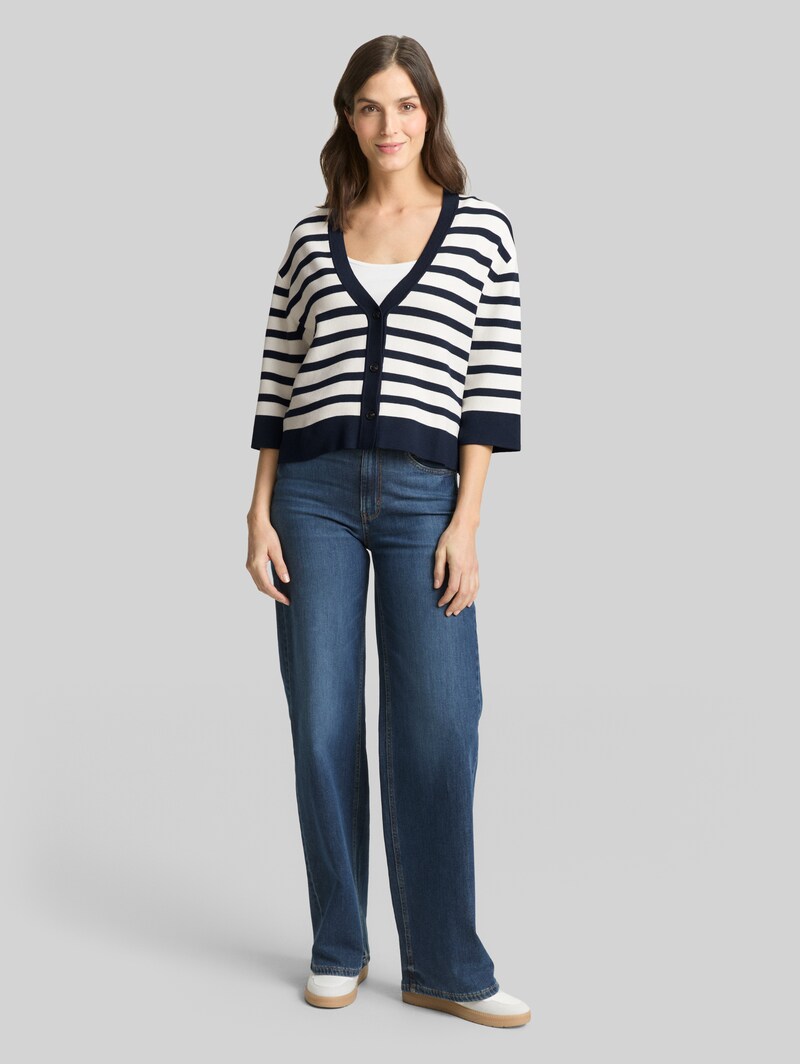 Tom Tailor Loose Fit Cardigan mit Streifenmuster - White Sky Blue Knit Stripe
