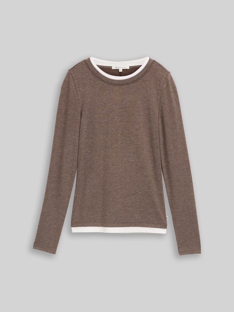 Tom Tailor Cosy Langarmshirt in 2-in-1-Optik - Cool Dark Brown Melange