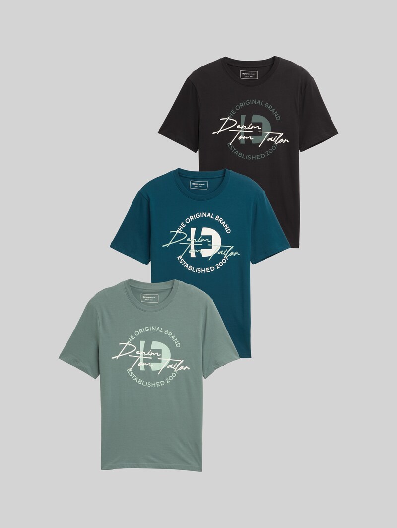 Tom Tailor T-Shirt mit Print im 3er-Pack - Washed Jasper Green