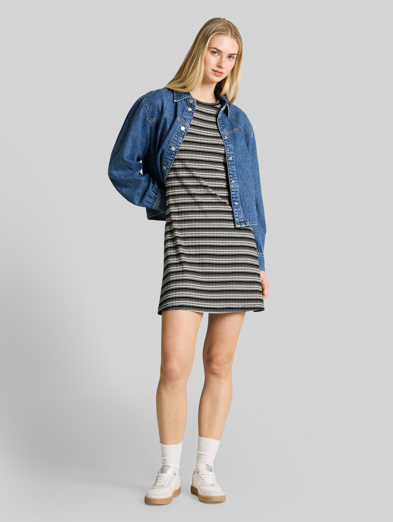 Tom Tailor Fitted Mini-Kleid mit Streifenmuster - Black White Gradient Stripe