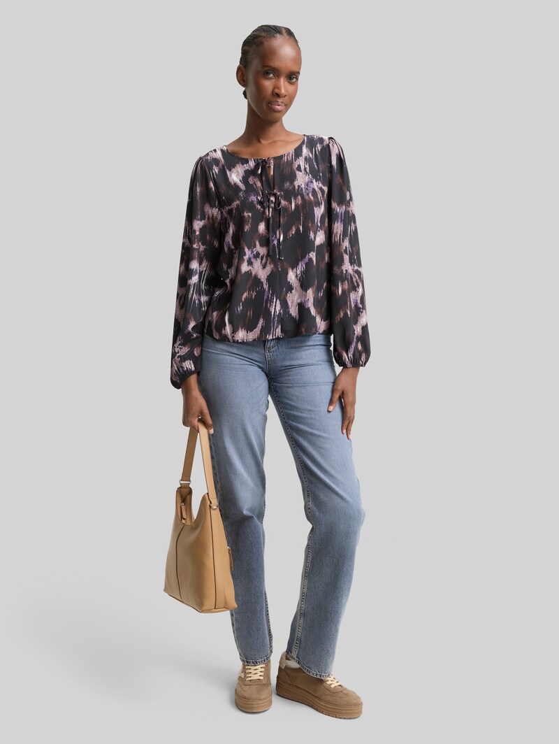 Tom Tailor Loose Fit Bluse mit Schleifen-Details - Black Brown Abstract Print