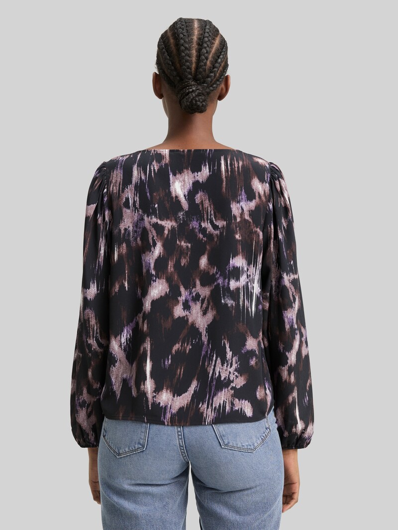 Tom Tailor Loose Fit Bluse mit Schleifen-Details - Black Brown Abstract Print